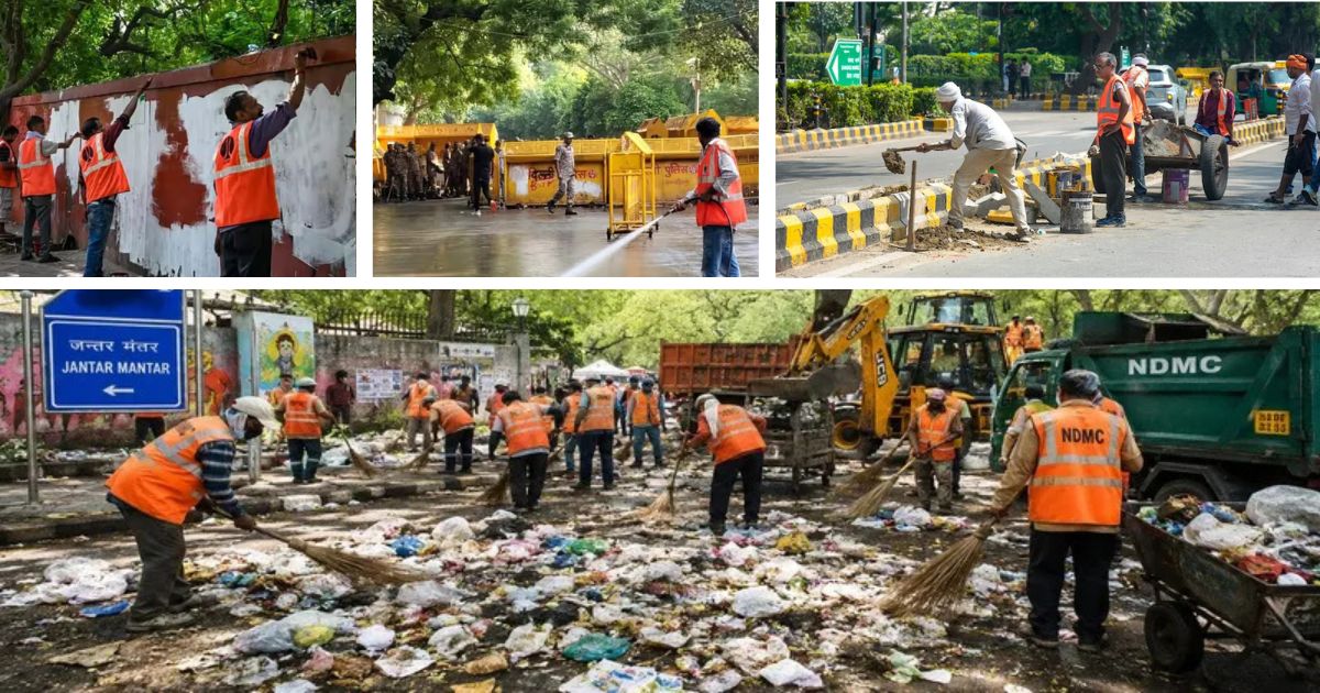 cjp protest they leaves 60 metric tonnes of waste at jantar mantar taxpayers pay the bill forndmc’s massive clean-up