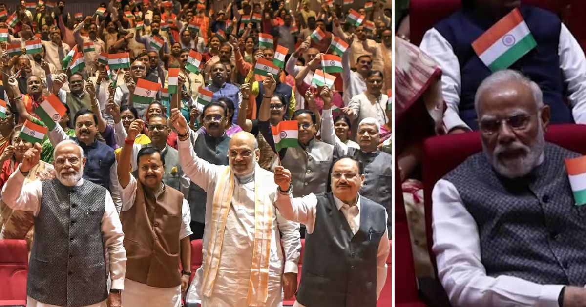mangal milan pm modi amit shah and nda leaders wave tiranga said vande mataram slogan